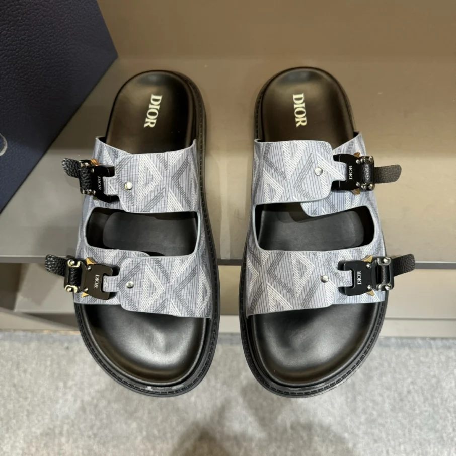 Dior CD Diamond Canvas Black Side Buckle Contrast Sole Sandals - KAIROO