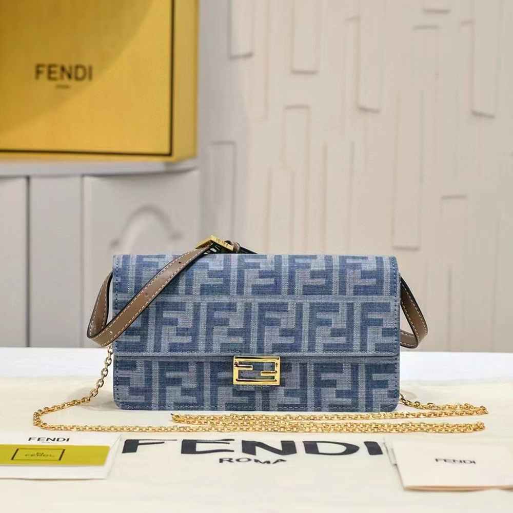 Fendi Baguette WOC FF Denim Gold-Tone Chain Bag - KAIROO