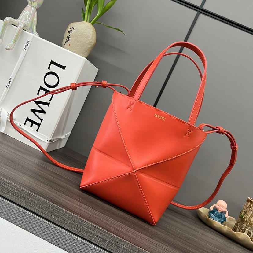 Loewe Sunset Orange Mini Puzzle Geometric Fold Smooth Leather Tote Handle Shoulder Bag - KAIROO