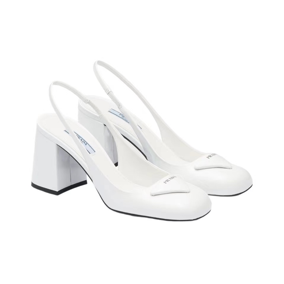 Prada Patent Leather Square toe Tri-logo Block Heel Slingbacks - KAIROO