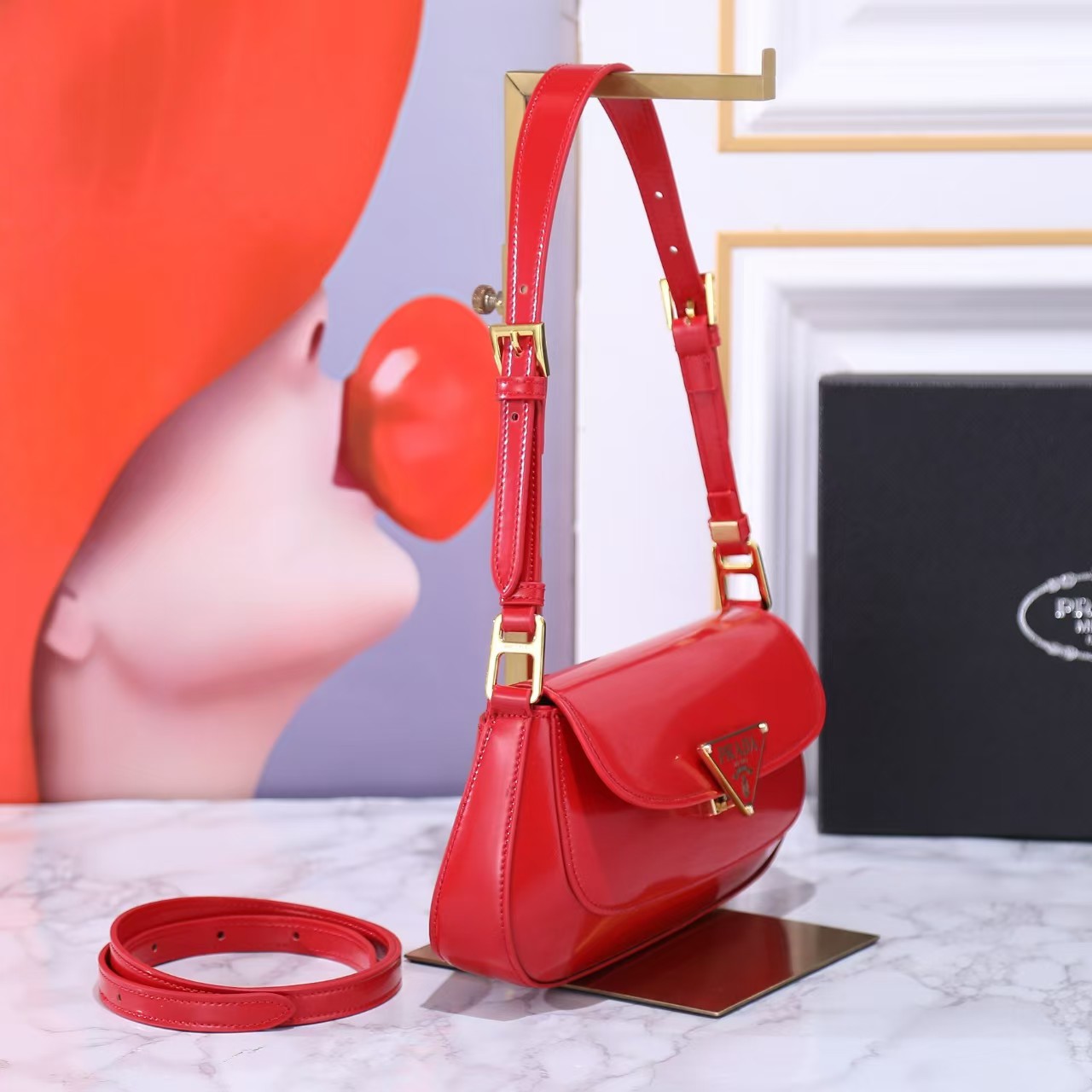Prada Red Flap Adjustable Strap Vernice Leather Shoulder Bag - KAIROO