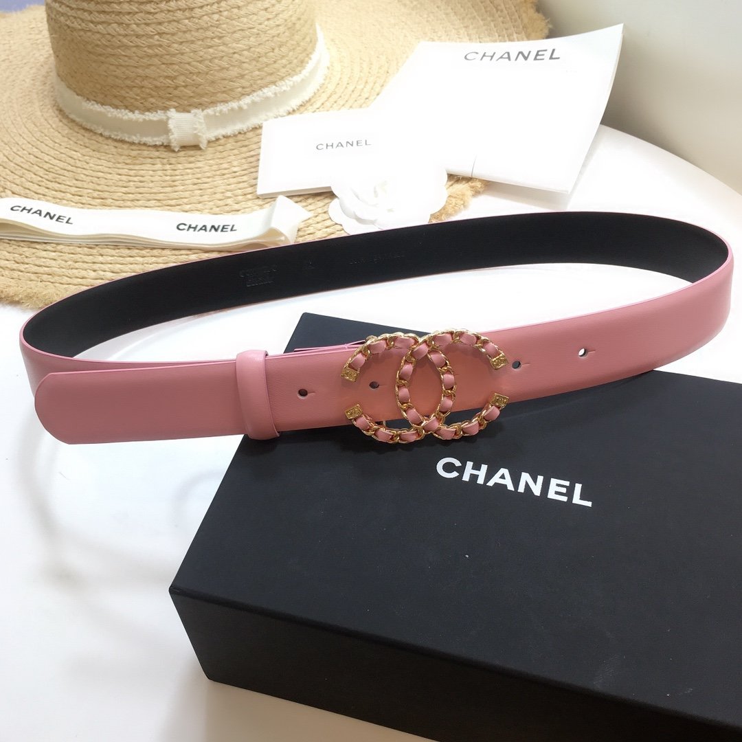 Chanel Belt With Double C Buckle Pink with Gold mix Pink Hardware Women Belt 30MM - KAIROO