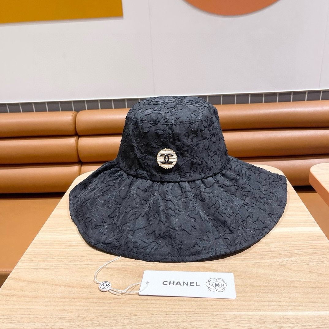 Chanel Crystal CC Logo Textured Wide Brim Bucket Hat - KAIROO