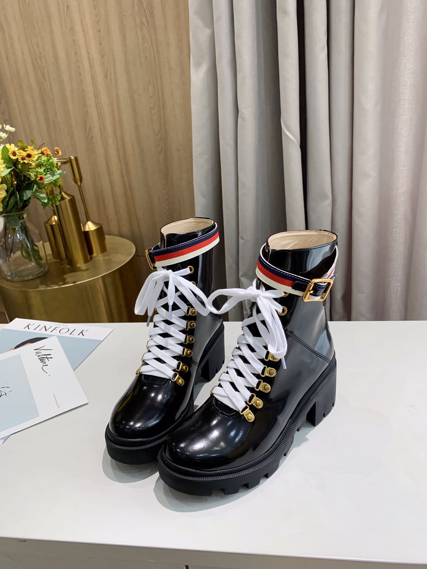 GUCCI Sylvie Patent Leather Combat Web Detail High Heel Ankle Boots - KAIROO