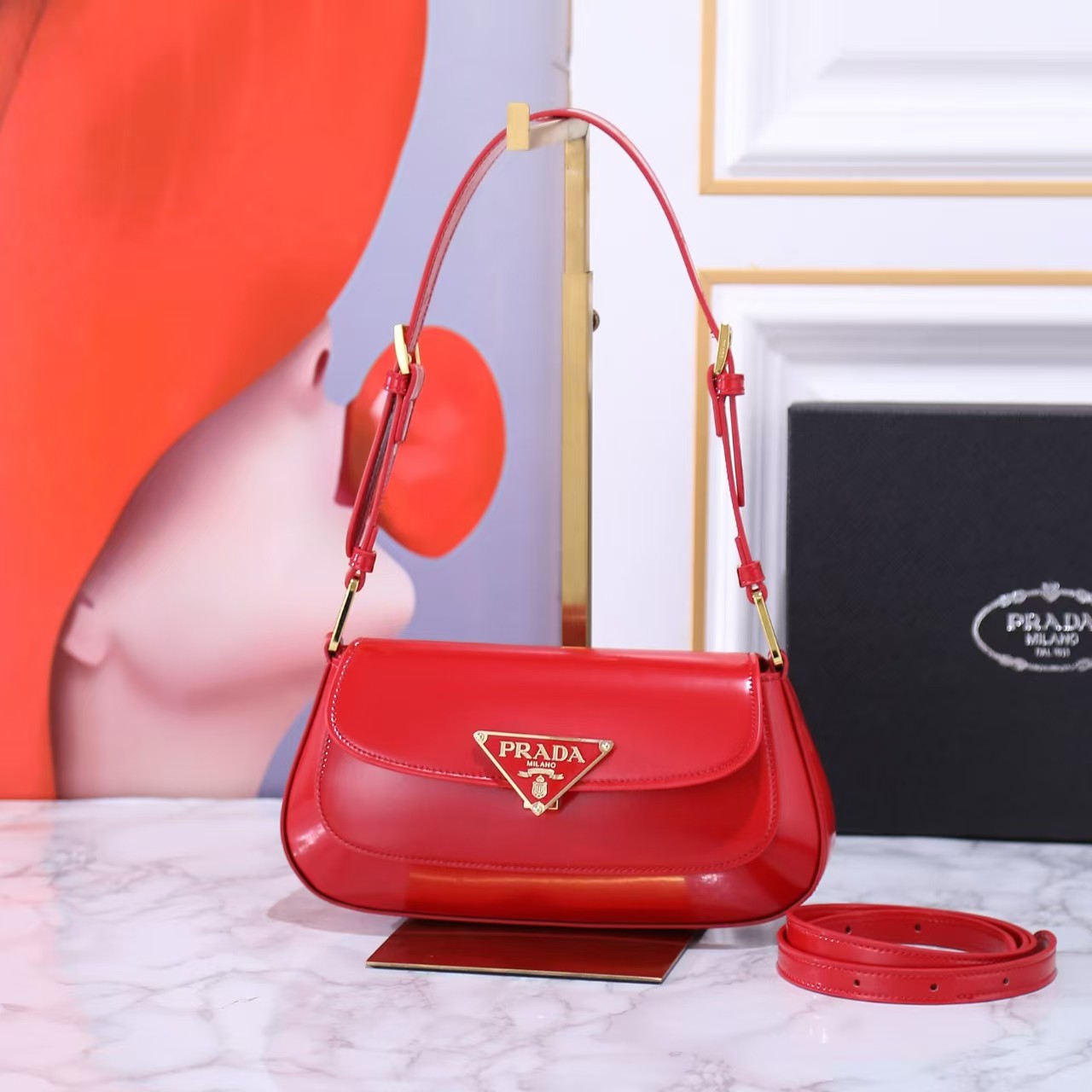 Prada Red Flap Adjustable Strap Vernice Leather Shoulder Bag - KAIROO