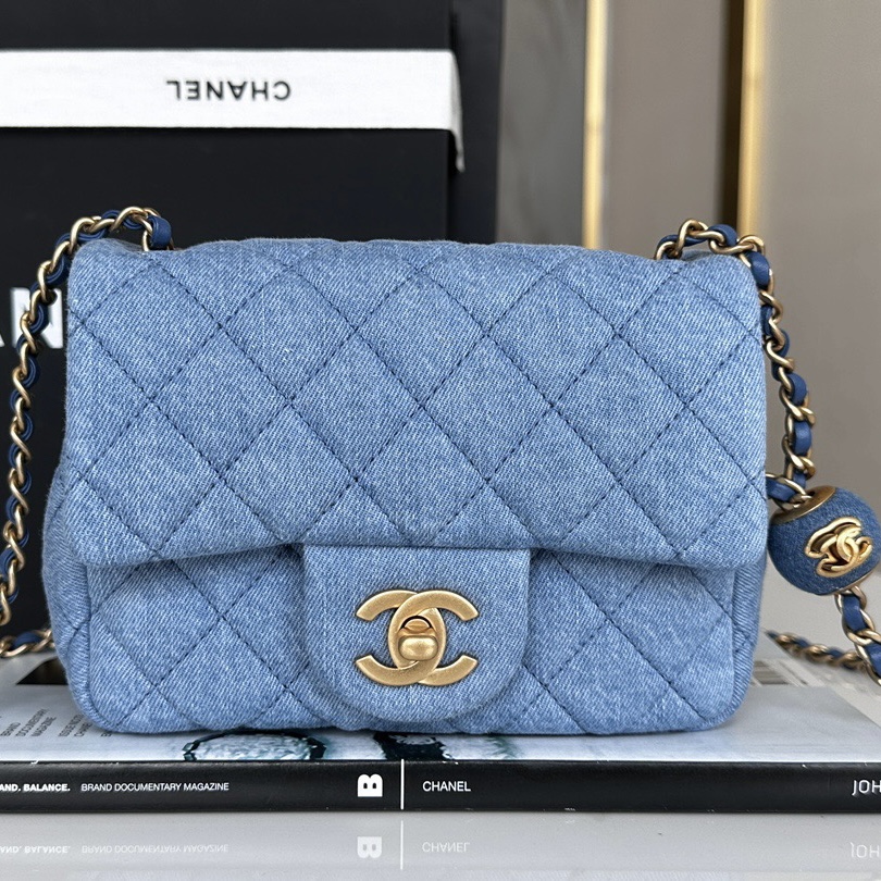 Chanel Blue Denim Quilted Mini Flap Bag with Adjustable Gold-Tone Ball - KAIROO