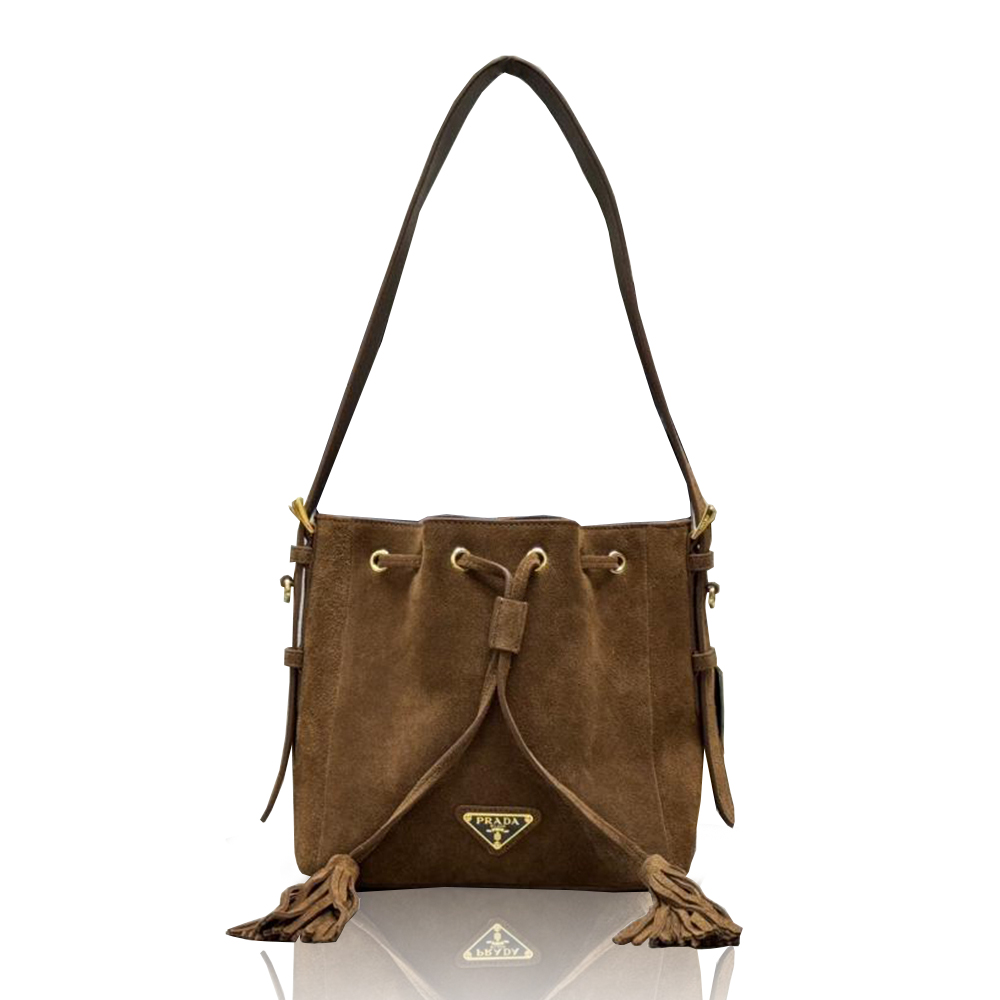 Prada Brown Suede Tassel Drawstring Bucket Shoulder Bag / 10A - KAIROO