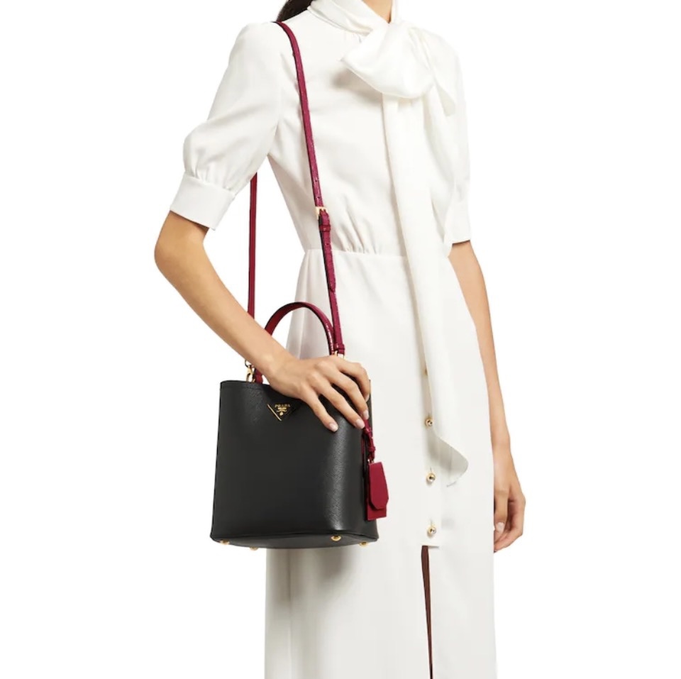 Prada Saffiano Leather Bicolor Handle Bucket Bag With Name Tag - KAIROO