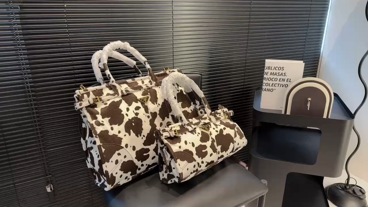 Prada Cow Print Faux Fur Triangle-logo Top Handle Tote Bag - KAIROO