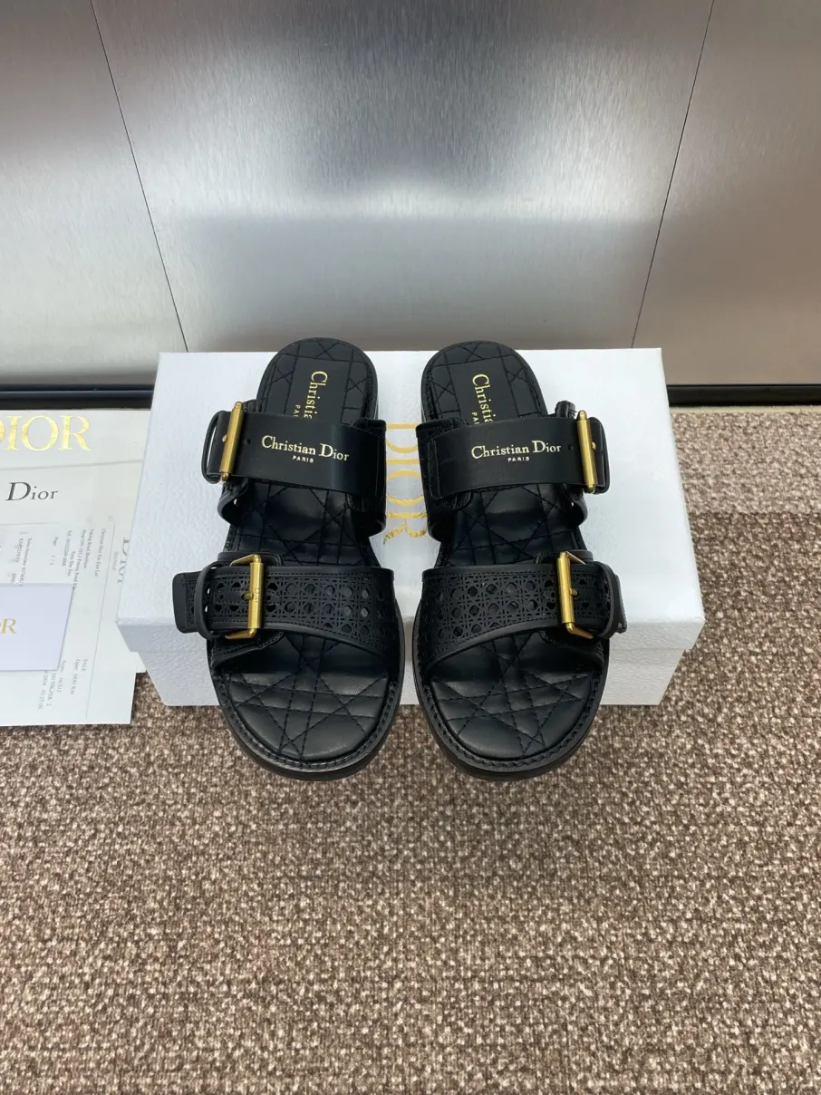 Dior Christian Dior Slide Sandal in Dual Metal Buckle Straps Perforated Leather - KAIROO
