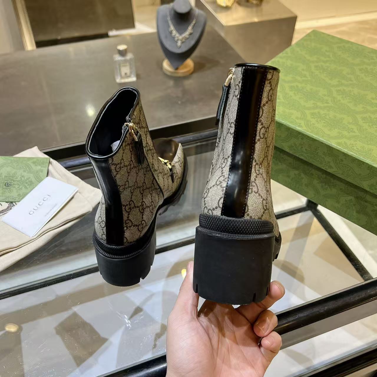 GUCCI Blondie Canvas and Leather Ankle Interlocking G Boots - KAIROO
