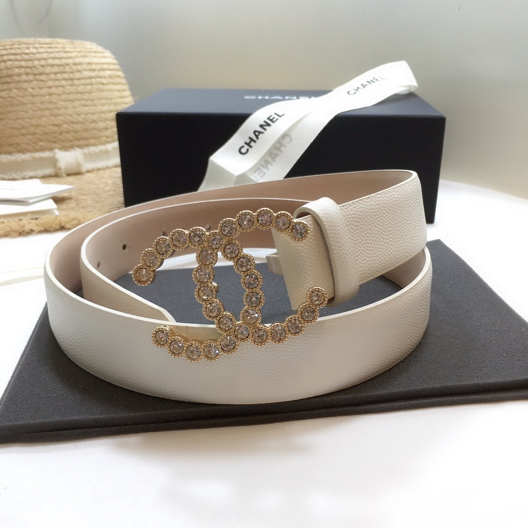 Chanel Belt With Beaded Buckle White With Gold Toned Hardware Women Belt 30MM - KAIROO