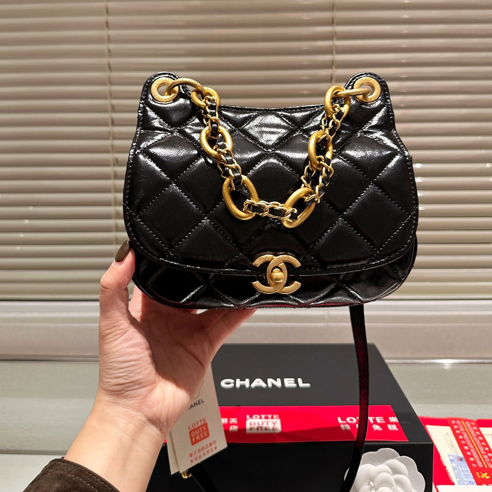 Chanel CC Turnlock Quilted Shiny Leather Saddle Bag with Thick Gold Chain - KAIROO