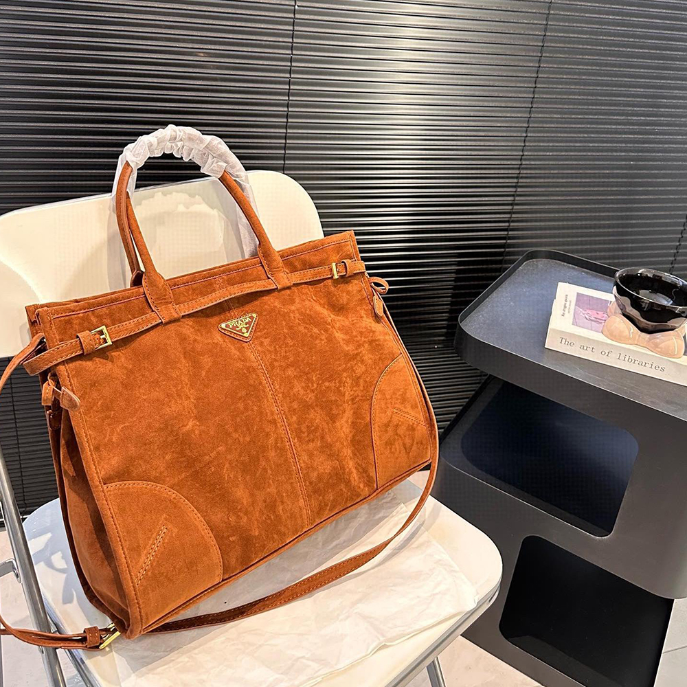 Prada Tri-Logo Buckle Suede Large Tote Handbag/Cognac - KAIROO