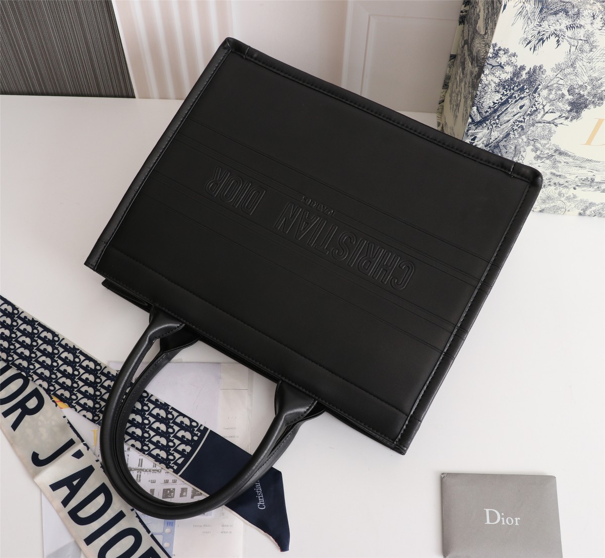 Dior Embossed Logo Calfskin Black Leather Tote Tote Bags/ Large-Black-15A - KAIROO