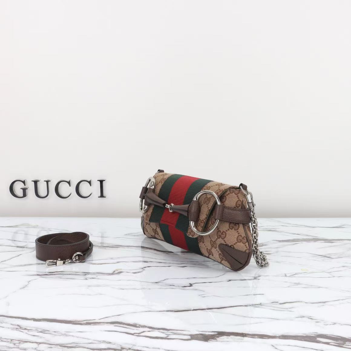 GUCCI GG Canvas Web Stripe Archival Horsebit Chain Shoulder Bag - KAIROO