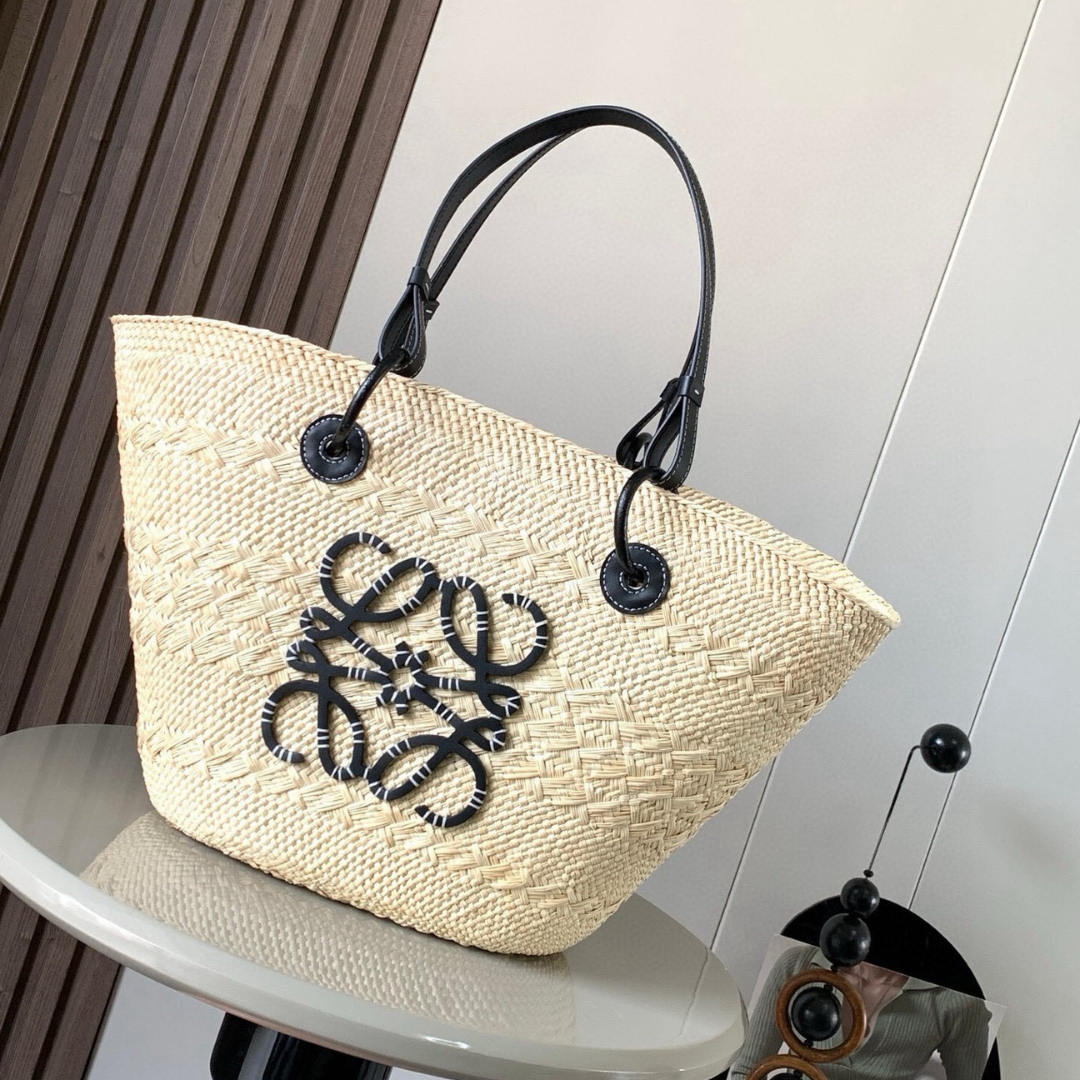 Loewe Black Woven Anagram Logo Raffia Straw Basket Tote Bags Small & Medium - KAIROO
