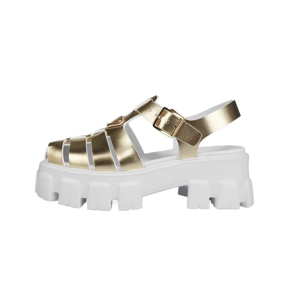 Prada Cage-upper Triangle-logo Metallic-leather Lug Sandals - KAIROO