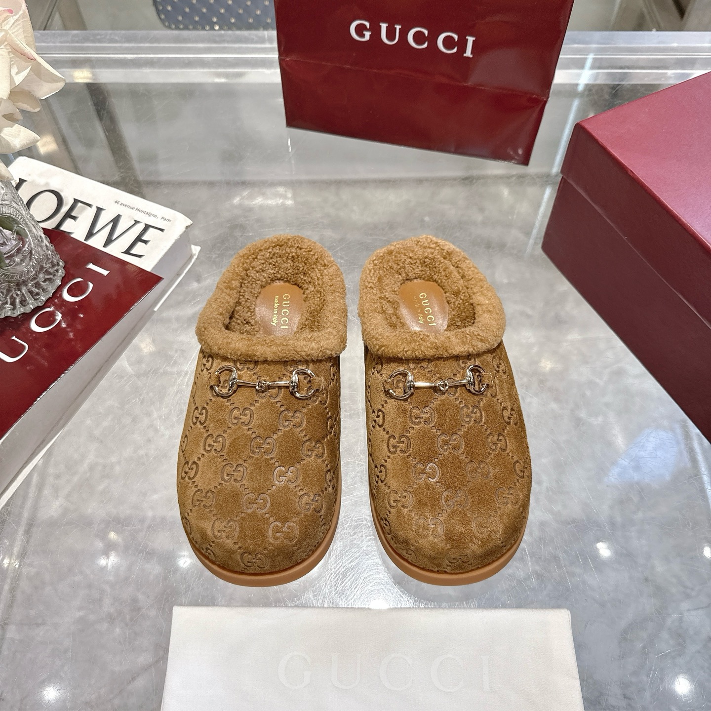 GUCCI Horsebit GG Embossed Suede Shearling-Lined Slippers Mules/ Brown - KAIROO