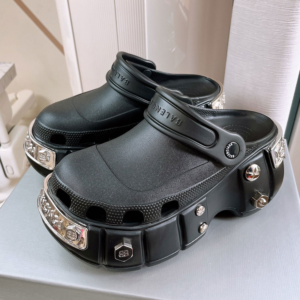 Balenciaga x Crocs Cyber Hardcrocs Metallic Engraved Logo Plate & Screw Studded Platform Clogs - KAIROO