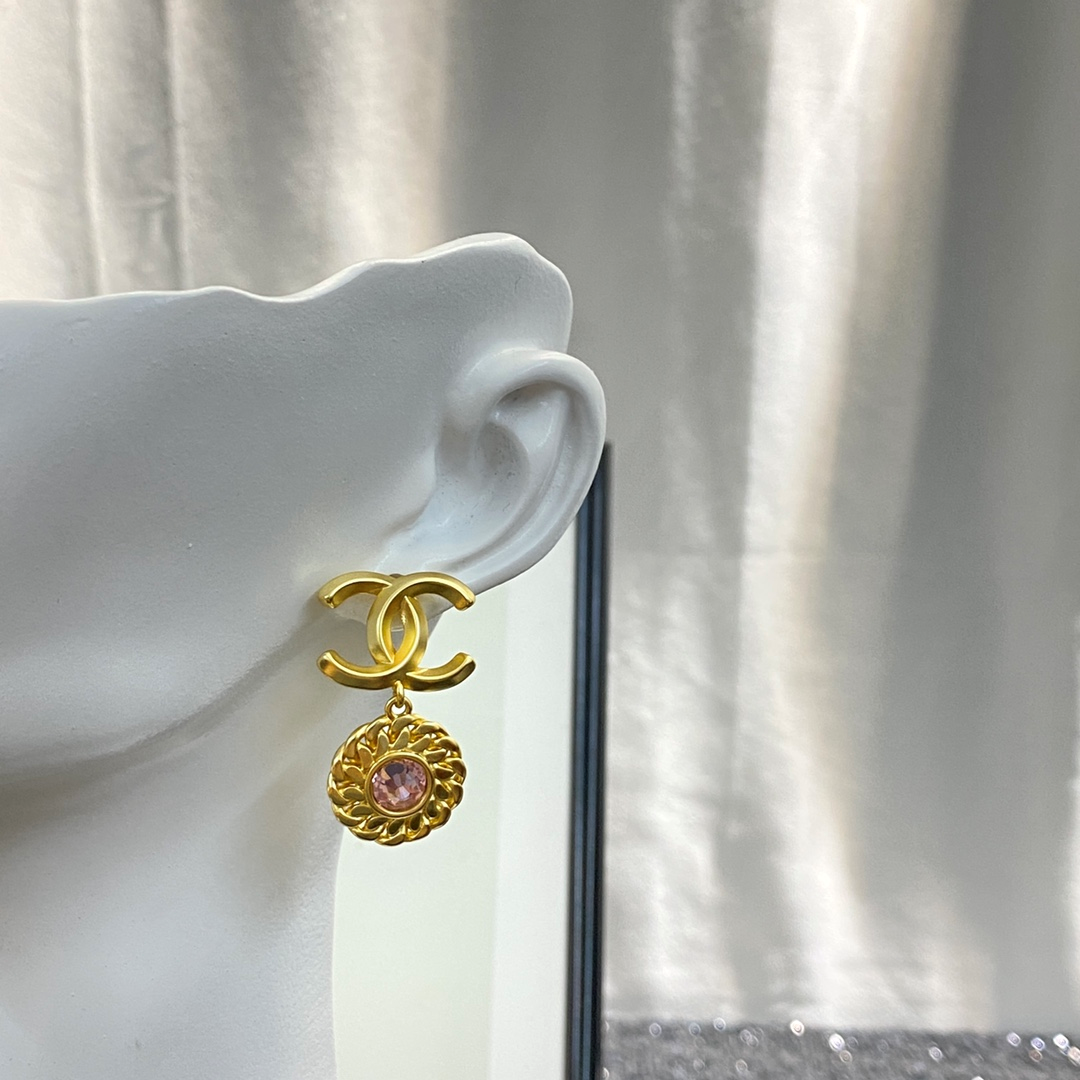 Chanel CC Pink Crystal Round Drop Earrings (Gold-Tone) - KAIROO