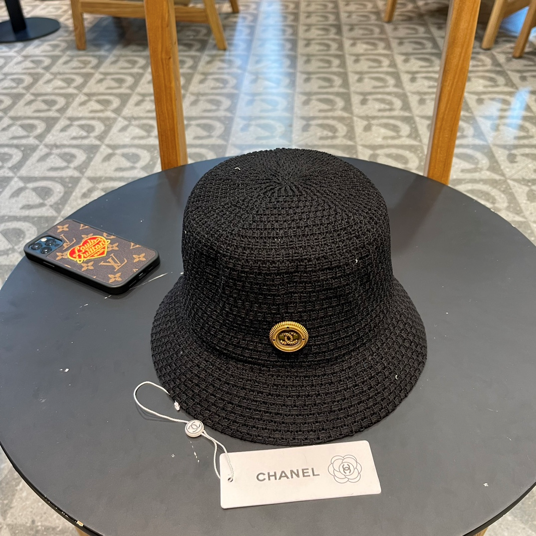Chanel Metal CC Logo Hollow Crochet  Knit Bucket Hat - KAIROO