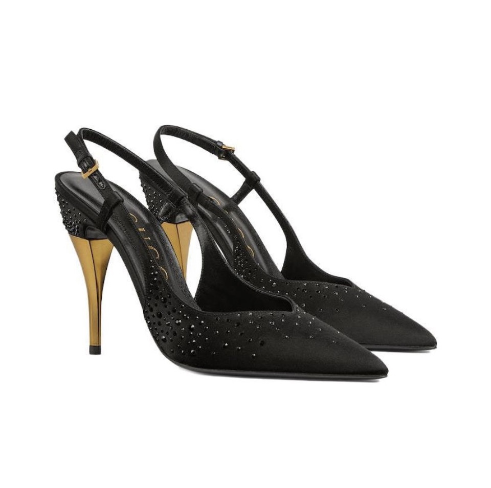 Gucci All-over Crystal Pointed Toe Slingback Mid Heel Pumps - KAIROO