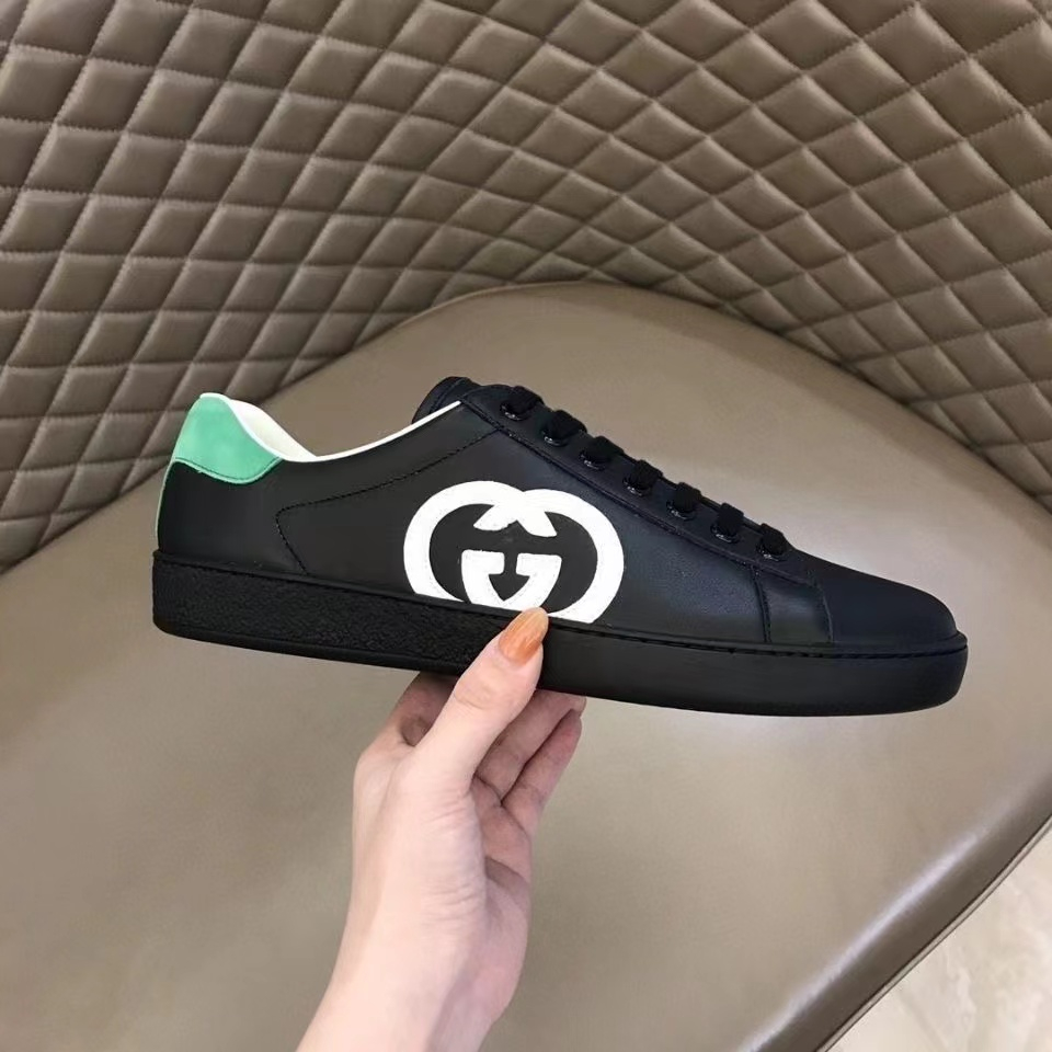 GUCCI Ace Leather Interlocking G Detail Low-Top Sneakers /Black - KAIROO