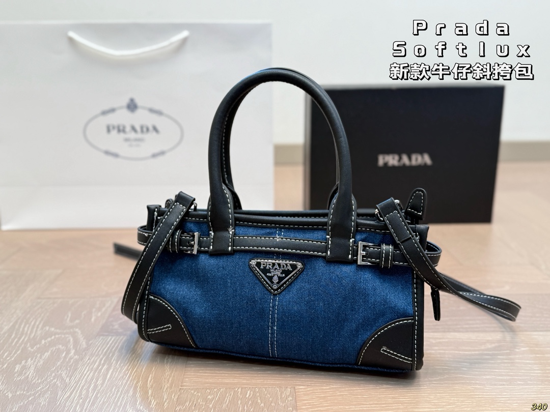 Prada Tri-logo Contrast-stitching Buckle Denim Top Handle Bag - KAIROO
