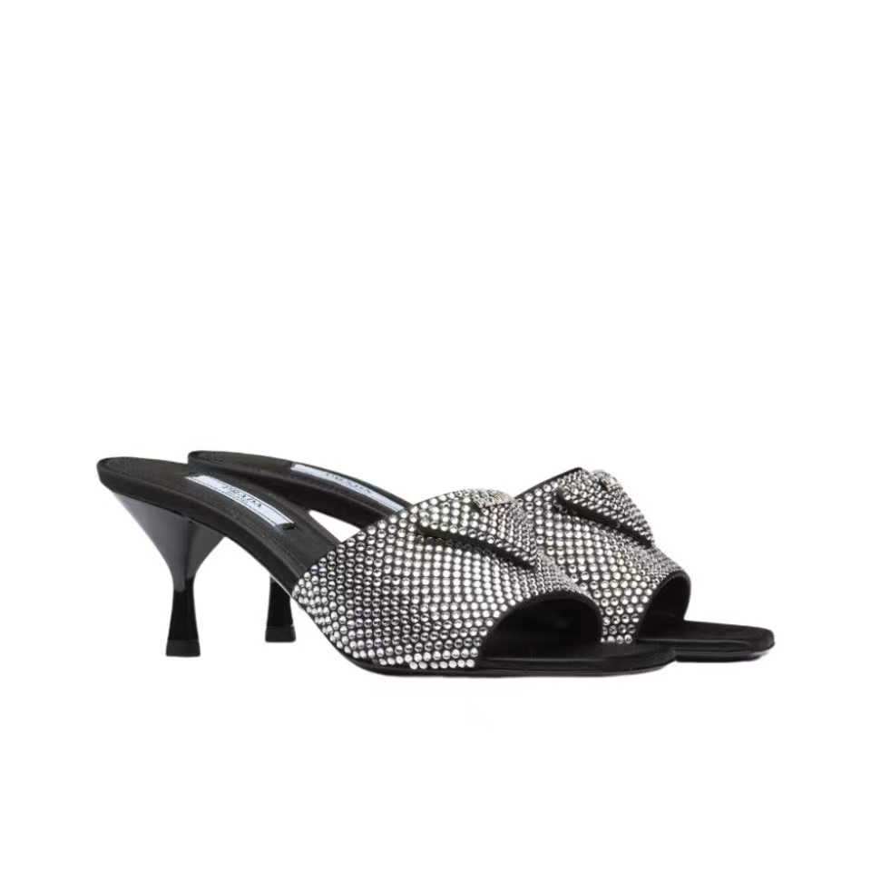 Prada Crystal Square Open-Toe Kitten Silk Heel Slides - KAIROO
