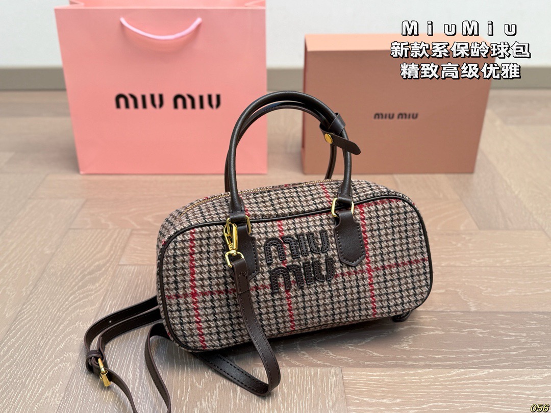 Miu Miu Brown Red Plaid Wool Blend Bowling Bag - KAIROO