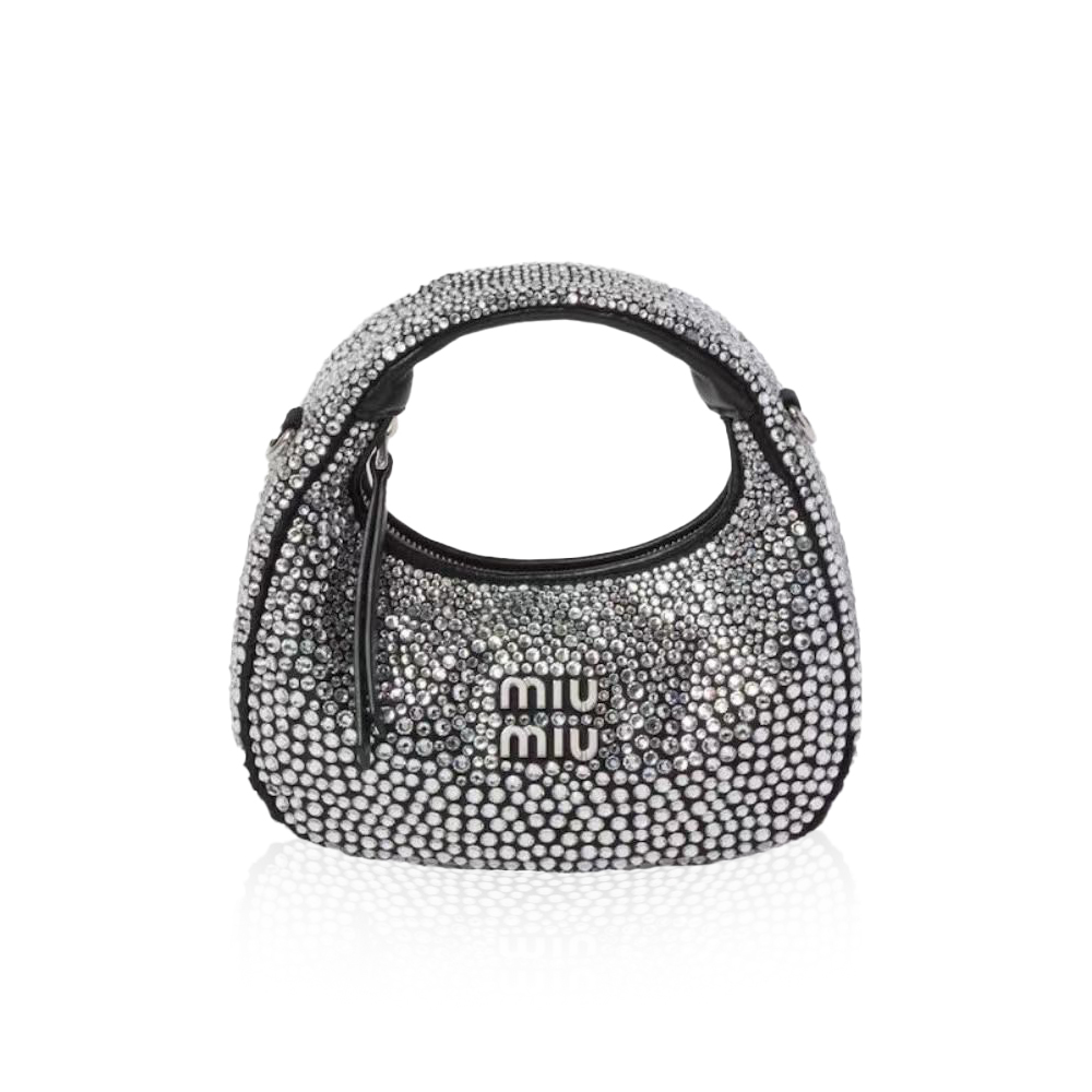 Miu Miu Half-moon Black Satin All-over Crystal Hobo Bag - KAIROO
