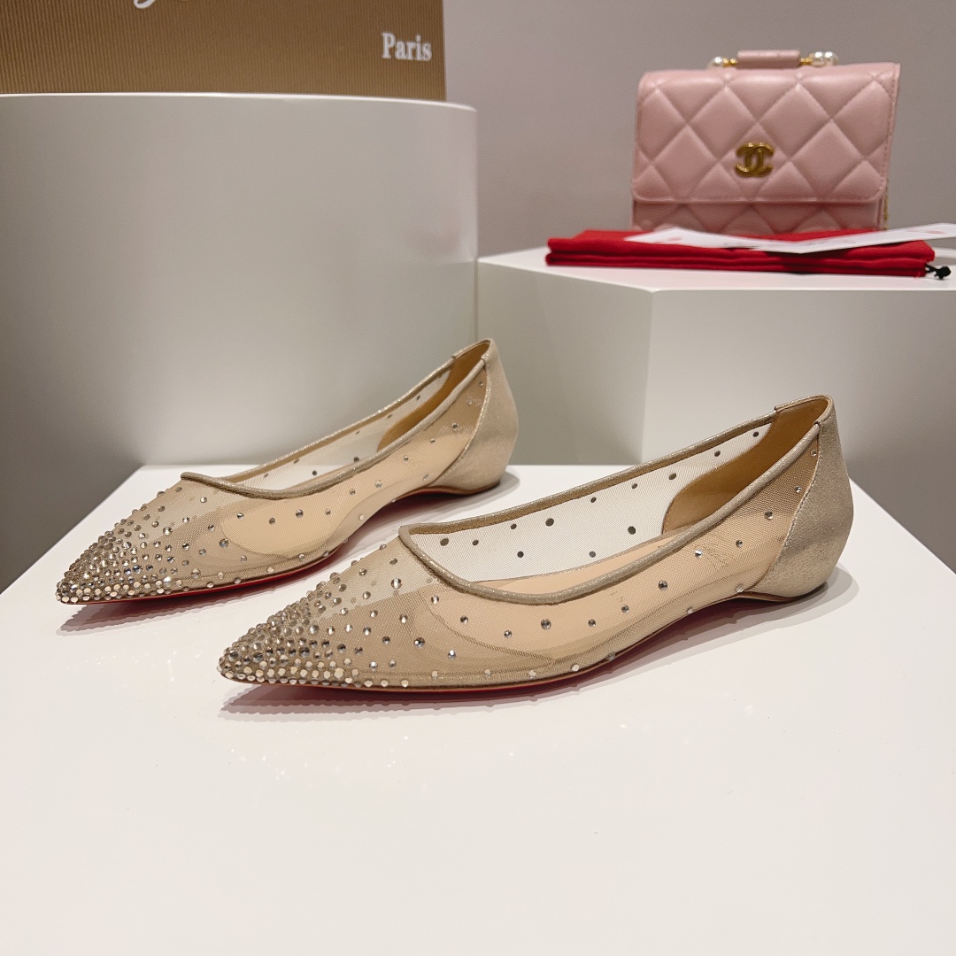 Christian Louboutin Follies Strass Crystal-embellished Mesh Red Sole Flats - KAIROO