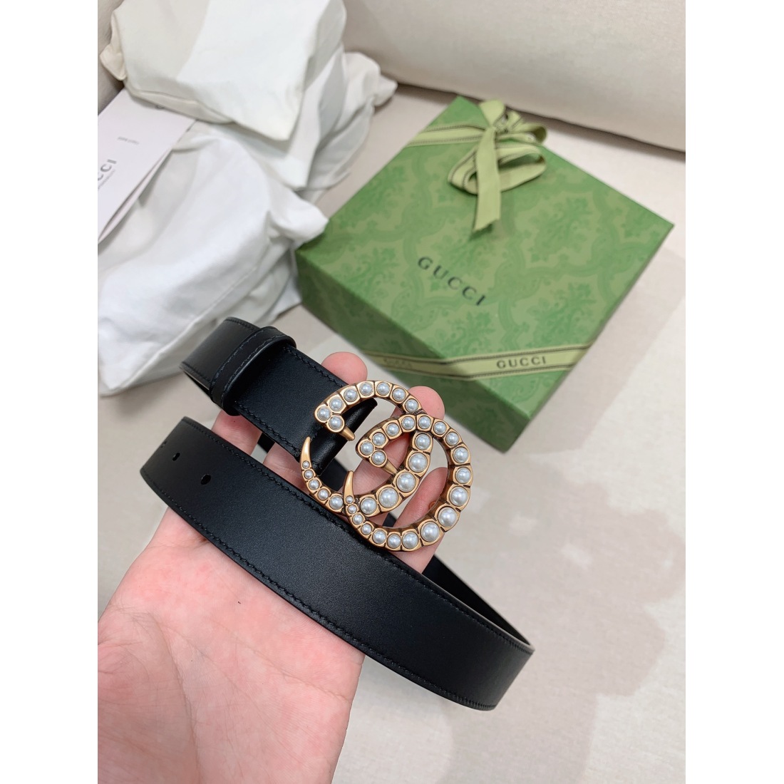 Gucci Pearl Edged Double G Buckle Leather Belt 30MM - KAIROO