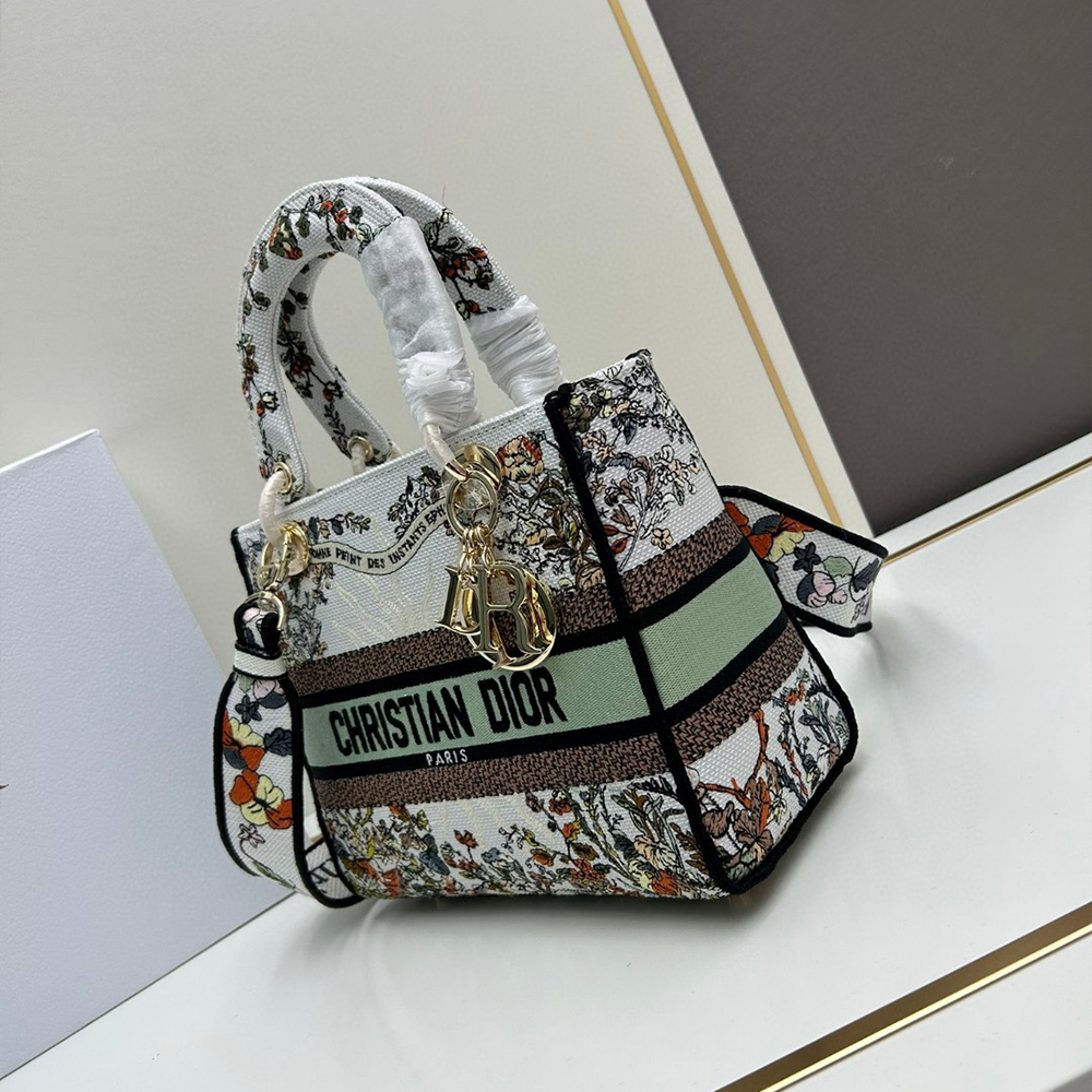 Dior Floral Herbarium Embroidered Canvas with Pale Gold Charms Top Handle Bags - KAIROO