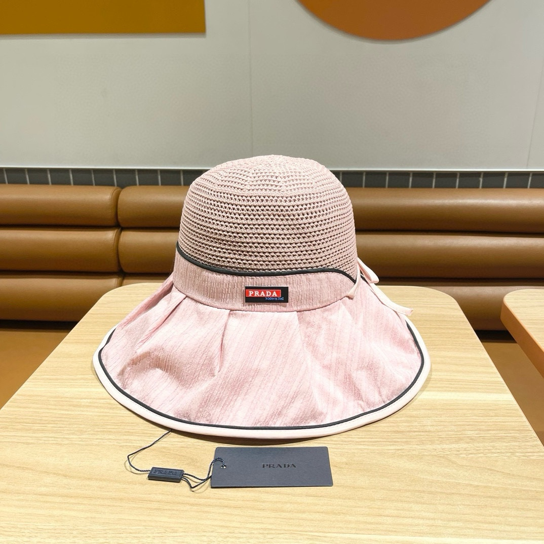 Prada Linea Rossa Woven Mesh Ruffled Brim Fisherman's Sunhat with Bow - KAIROO