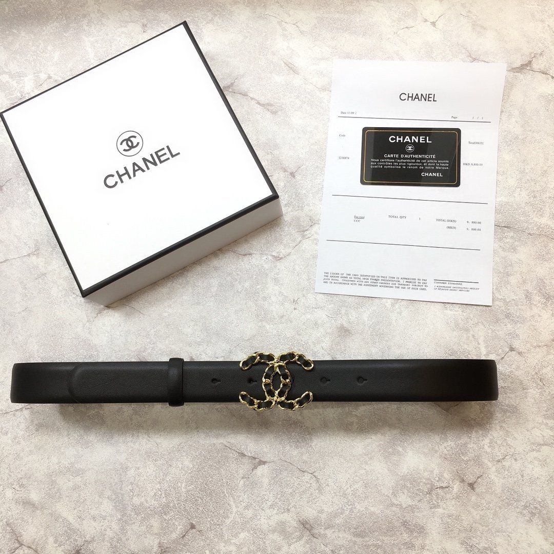 Chanel Belt With Double C Buckle Black with Mini Gold mix Black Hardware Women Belt 30MM - KAIROO