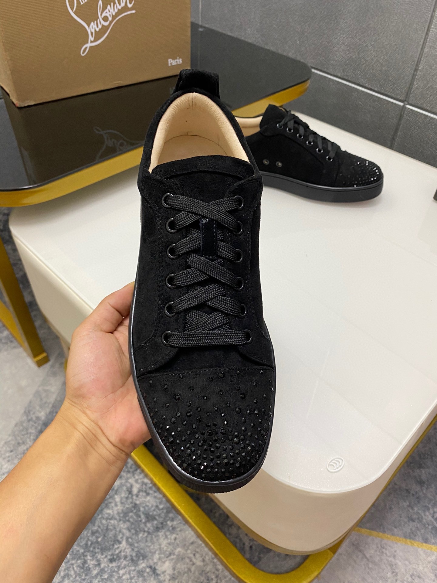 Christian Louboutin Louis Junior Spikes Suede Crystal-embellished Red Sole Sneakers - KAIROO