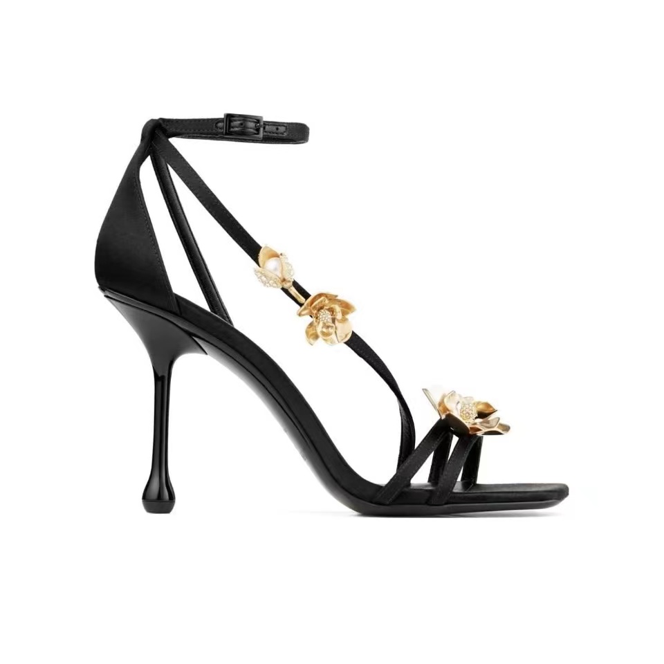 Jimmy Choo Ottilia 90 Black Satin Sandals with Gold 3D Floral Embellishments - KAIROO