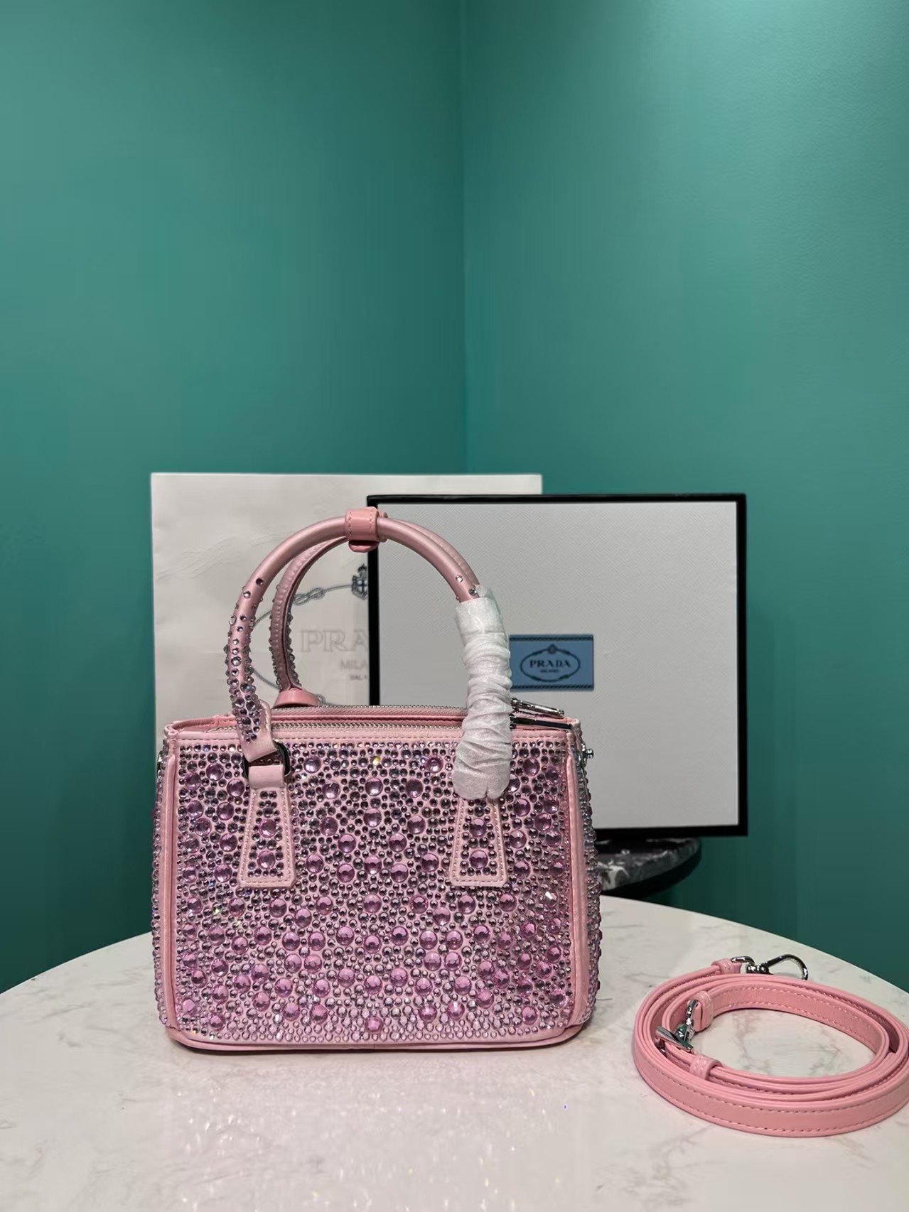 Prada All Over Crystal Satin Mini Tote  Handle Shoulder Bag/Pink /15A - KAIROO