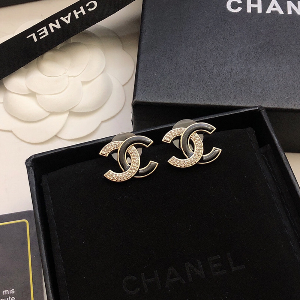 Chanel CC Crystal & Black Enamel Asymmetric Stud Earrings - KAIROO