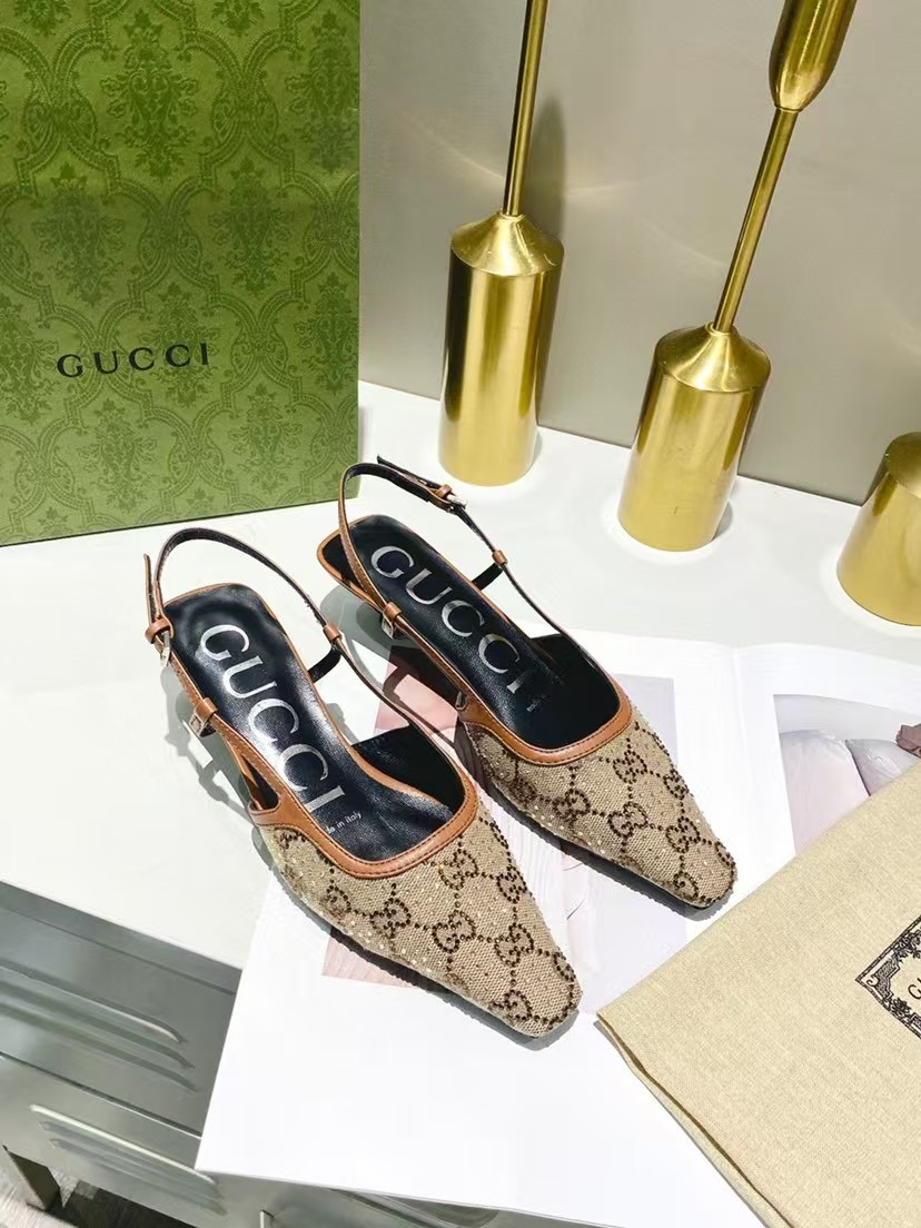 GUCCI Pointed-Toe GG Slingback Strap Sandals Kitten Heels - KAIROO