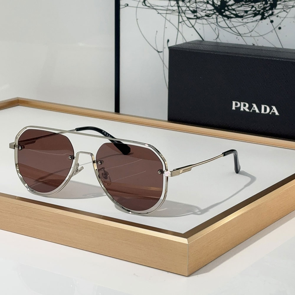 Prada Geometric Double Bridge Transparent Rim Metal Frame Pilot Sunglasses - KAIROO