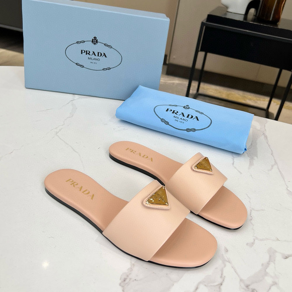 Prada Triangle Logo Leather Flat Slippers Sandals - KAIROO