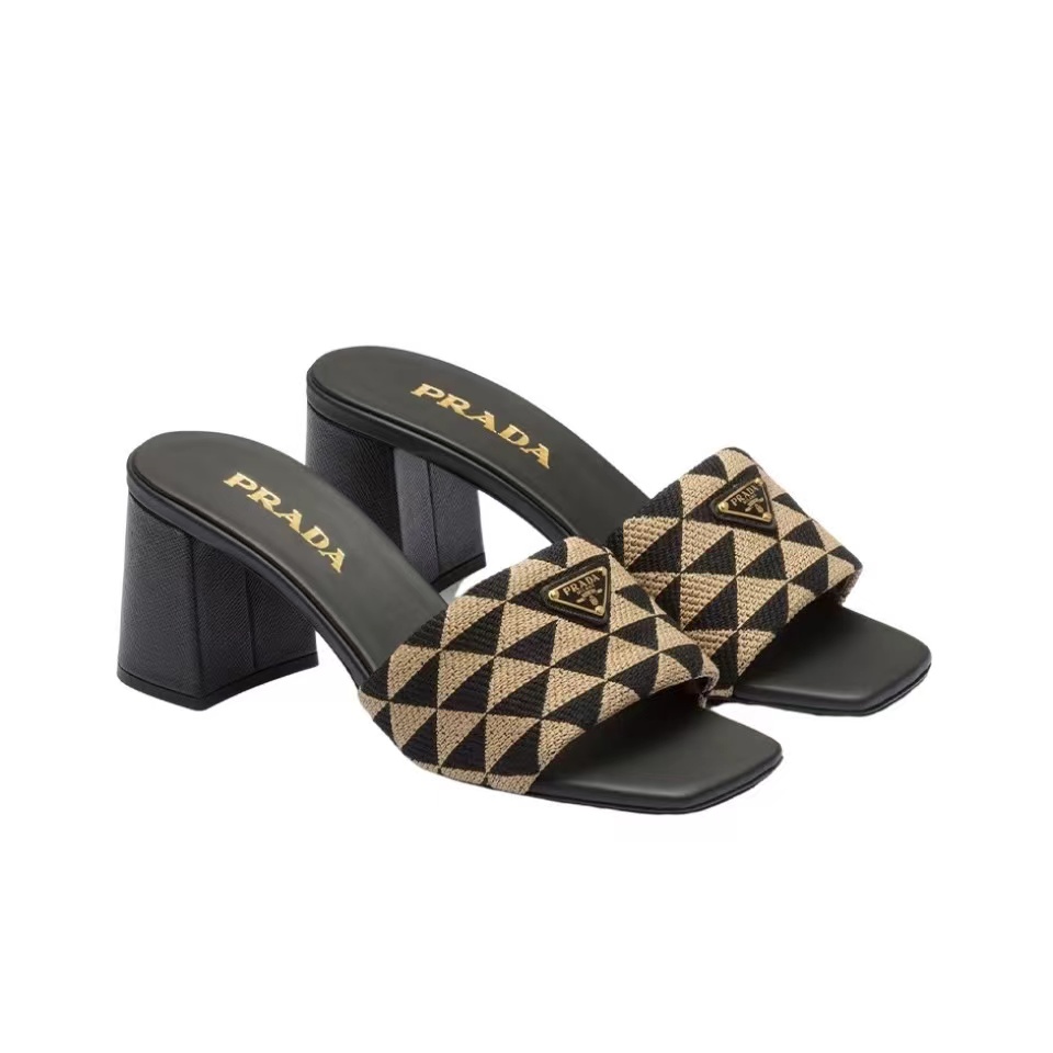 Prada Symbole Jacquard Geometric Print Fabric Slip-on Mule Chunky Heel Sandals - KAIROO