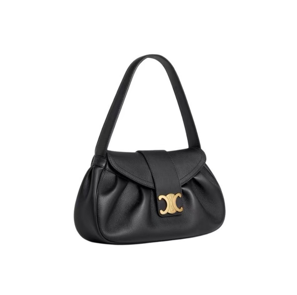 Celine Supple Leather Gold Triomphe Clasp Sleek Baguette Hobo Bag - KAIROO