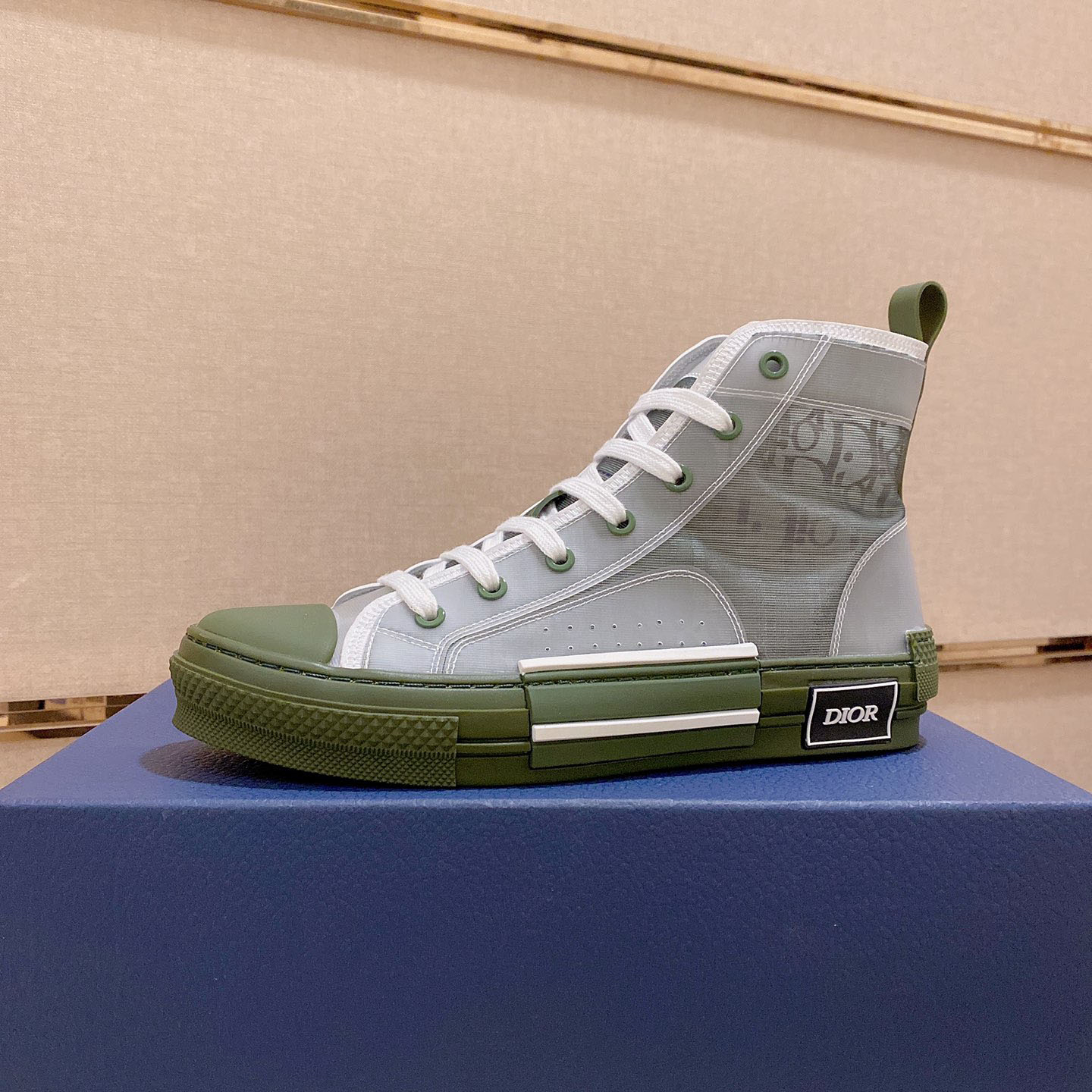 Dior B23 Olive Green Monogram Transparent Layered High-Top Sneakers - KAIROO