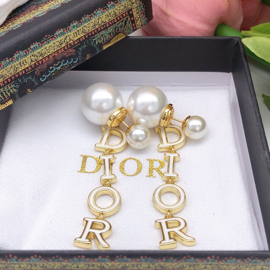 Dior Resin Pearl Vertical D-I-O-R Signature Drop Gold-finish Metal Earrings - KAIROO