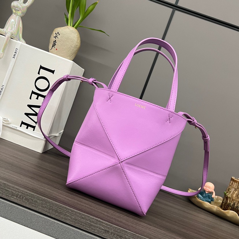 Loewe Lavender Mini Puzzle Geometric Fold Smooth Leather Tote Handle Shoulder Bag - KAIROO