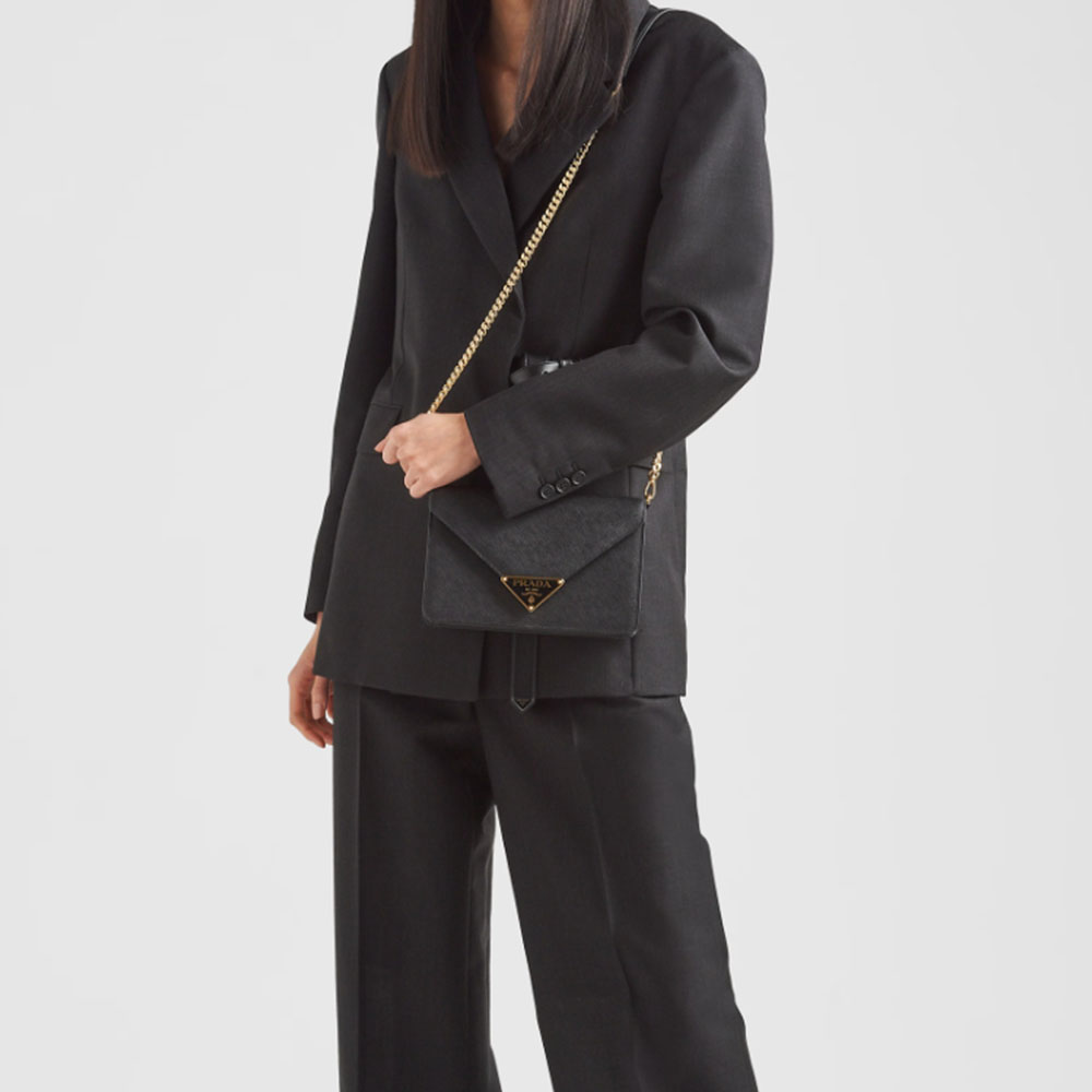 Prada Triangle Logo Envelope Flap Gold Chain Saffiano Leather Shoulder Bag - KAIROO